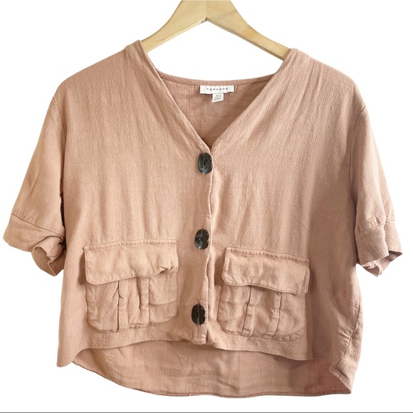 Topshop Linen Blend Blush Button Down Crop Top Pockets Size 12